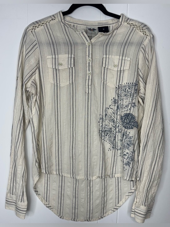 Harley-Davidson Tops - Harley-Davidson Dobby Stripe Woven HenleyNeck Pullover Womens Medium